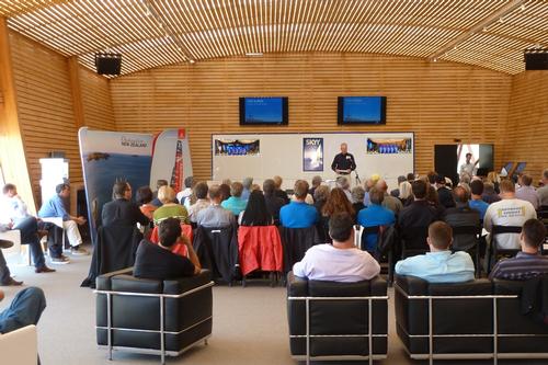 NZ Marine’s Peter Busfield speaks to guests and media at Emirates Team New Zealand’s base in San Francisco - America’s Cup © NZ Trade & Enterprise Representative